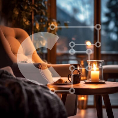 Intra Συλλεκτικό Ξύλινο Παζλ Plywood  4mm - Ζεστό και φιλόξενο σαλόνι με θέα στα χιονισμένα δέντρα και τα βουνά Σε Ξύλινο Κουτί - Διαστάσεις Puzzle: 10x10 cm – 25 κομμάτια - Image 1