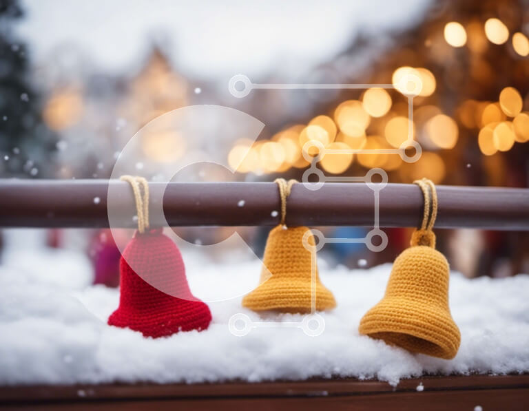 Intra Συλλεκτικό Ξύλινο Παζλ Plywood  4mm - Εορταστικές κροσέ καμπάνες που κρέμονται στο χιόνι Σε Ξύλινο Κουτί - Διαστάσεις: 10x10 cm – 25 κομμάτια