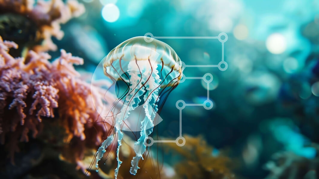 Intra Συλλεκτικό Ξύλινο Παζλ Plywood  4mm - Μέδουσες που κολυμπούν στον ωκεανό κοντά σε πολύχρωμους κοραλλιογενείς υφάλους Σε Ξύλινο Κουτί - Διαστάσεις: 10x10 cm – 25 κομμάτια