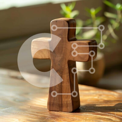 Intra Συλλεκτικό Ξύλινο Παζλ Plywood 4mm - Ξύλινος Σταυρός σε Δρύινο Τραπέζι με Φυτά σε Γλάστρα Σε Ξύλινο Κουτί - Διαστάσεις Puzzle: 10x10 cm – 25 κομμάτια - Image 1