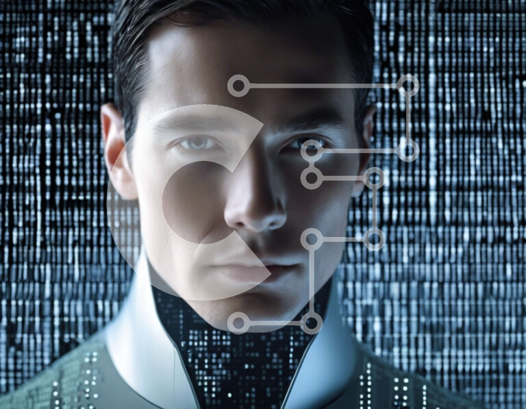 Intra Συλλεκτικό Ξύλινο Παζλ Plywood  4mm - Άτομο που στέκεται μπροστά από το αφηρημένο ψηφιακό υπόβαθρο Σε Ξύλινο Κουτί - Διαστάσεις Puzzle: 10x10 cm – 25 κομμάτια