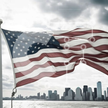 Intra Συλλεκτικό Ξύλινο Παζλ Plywood  4mm - Μεγάλη αμερικανική σημαία που κυματίζει στον άνεμο με τον ορίζοντα της πόλης στο φόντο Σε Ξύλινο Κουτί - Διαστάσεις Puzzle: 10x10 cm – 25 κομμάτια - Image 1