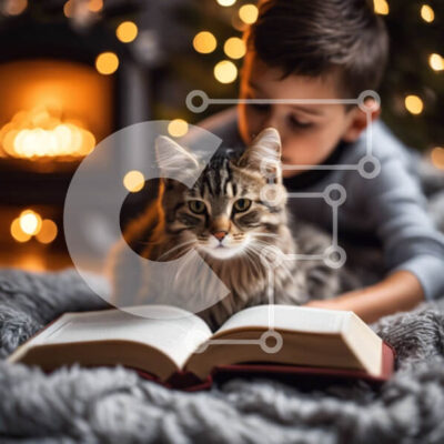 Intra Συλλεκτικό Ξύλινο Παζλ Plywood  4mm - Νεαρό αγόρι που διαβάζει ένα βιβλίο στη γάτα του Σε Ξύλινο Κουτί - Διαστάσεις Puzzle: 10x10 cm – 25 κομμάτια - Image 1