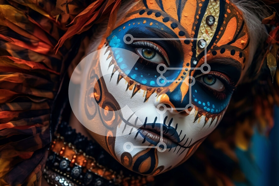 Intra Συλλεκτικό Ξύλινο Παζλ Plywood  4mm - Εκπληκτική εικόνα γυναίκας με μακιγιάζ στο κρανίο και φτερωτό κόμμωμα Σε Ξύλινο Κουτί - Διαστάσεις Puzzle: 10x10 cm – 25 κομμάτια