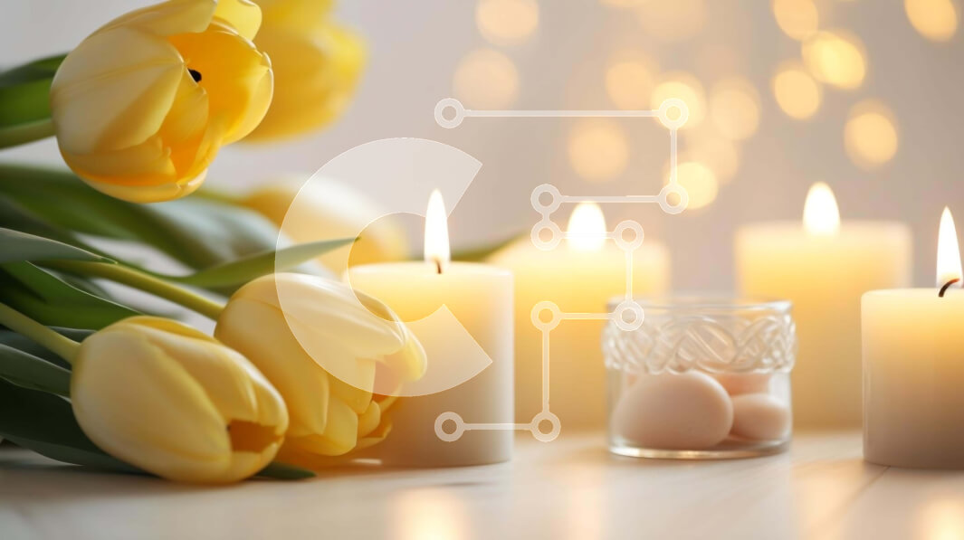 Intra Συλλεκτικό Ξύλινο Παζλ Plywood  4mm - Κίτρινα λουλούδια τουλίπας και κεριά για μια γιορτινή περίσταση Σε Ξύλινο Κουτί - Διαστάσεις Puzzle: 10x10 cm – 25 κομμάτια