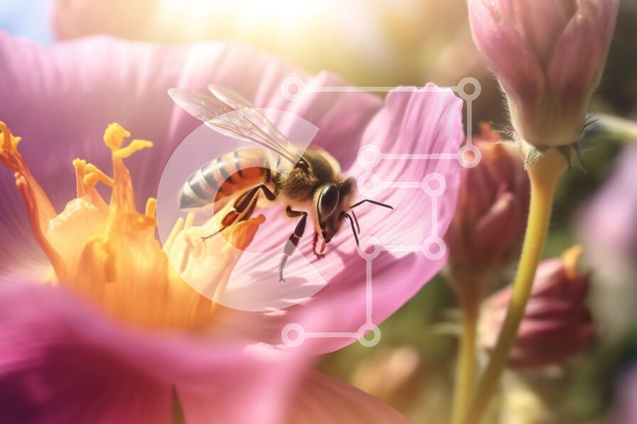 Intra Συλλεκτικό Ξύλινο Παζλ Plywood  4mm - Κοντινό πλάνο της μέλισσας στο ροζ λουλούδι με το φως του ήλιου - όμορφη φωτογραφία της φύσης Σε Ξύλινο Κουτί - Διαστάσεις: 10x10 cm – 25 κομμάτια