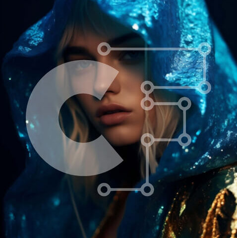 Intra Συλλεκτικό Ξύλινο Παζλ Plywood  4mm - Κομψή γυναίκα με φούτερ με μπλε πούλιες σε σκούρο φόντο Σε Ξύλινο Κουτί - Διαστάσεις Puzzle: 10x10 cm – 25 κομμάτια - Image 1