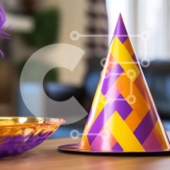 Intra Συλλεκτικό Ξύλινο Παζλ Plywood  4mm - Μωβ και κίτρινο καπέλο για πάρτι με πολύχρωμα φτερά σε τραπέζι Σε Ξύλινο Κουτί - Διαστάσεις Puzzle: 10x10 cm – 25 κομμάτια - Image 1