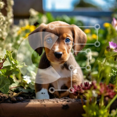 Intra Συλλεκτικό Ξύλινο Παζλ Plywood  4mm - Αξιολάτρευτη εικόνα ενός σκύλου που κάθεται σε ένα παρτέρι Σε Ξύλινο Κουτί - Διαστάσεις: 10x10 cm – 25 κομμάτια - Image 1