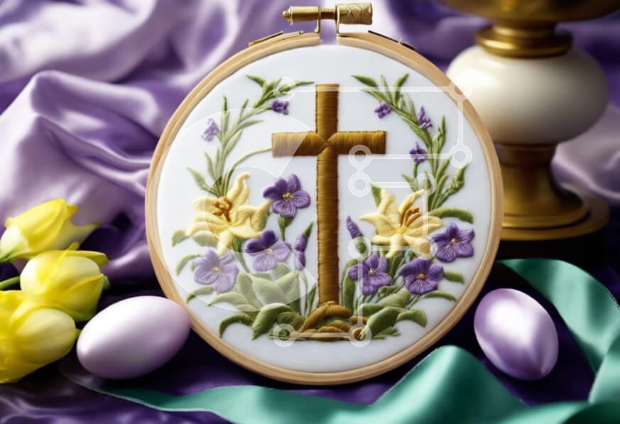 Intra Συλλεκτικό Ξύλινο Παζλ Plywood  4mm - Κεντητικό τσέρκι με πασχαλινό θέμα με σταυρό, αυγά και λουλούδια Σε Ξύλινο Κουτί - Διαστάσεις Puzzle: 10x10 cm – 25 κομμάτια