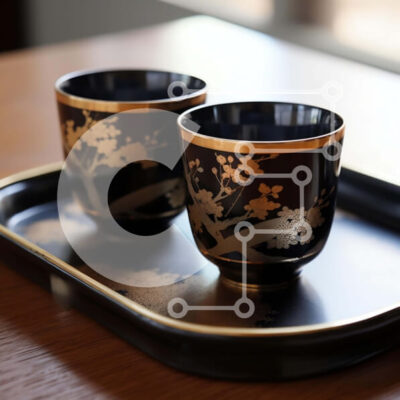 Intra Συλλεκτικό Ξύλινο Παζλ Plywood  4mm - Δύο μαύρα κύπελλα στο δίσκο με χρυσές πινελιές Σε Ξύλινο Κουτί - Διαστάσεις Puzzle: 10x10 cm – 25 κομμάτια - Image 1