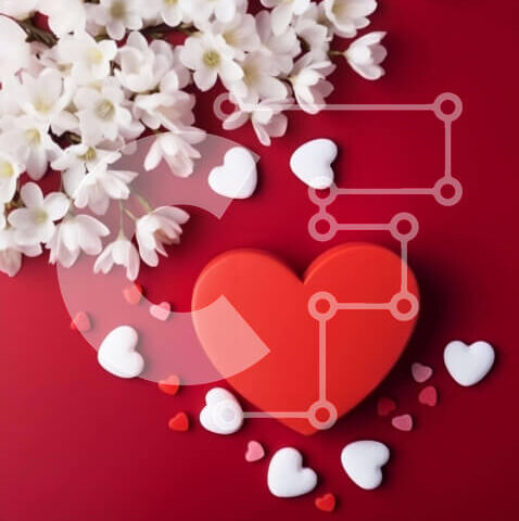 Intra Συλλεκτικό Ξύλινο Παζλ Plywood  4mm - Κόκκινο κουτί σε σχήμα καρδιάς σε κόκκινο φόντο με λευκά λουλούδια και καρδιές Σε Ξύλινο Κουτί - Διαστάσεις Puzzle: 10x10 cm – 25 κομμάτια - Image 1