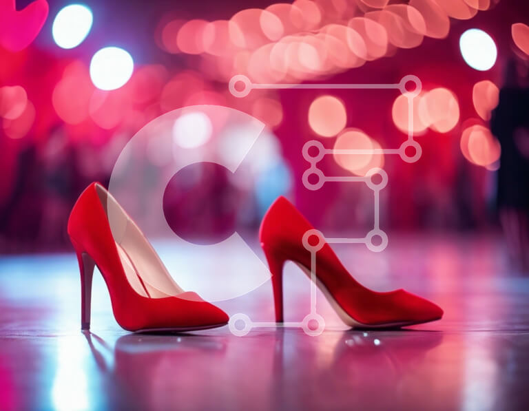 Intra Συλλεκτικό Ξύλινο Παζλ Plywood  4mm - Κόκκινα ψηλοτάκουνα παπούτσια σε τσιμεντένιο πάτωμα με πολύχρωμα φώτα Σε Ξύλινο Κουτί - Διαστάσεις Puzzle: 10x10 cm – 25 κομμάτια