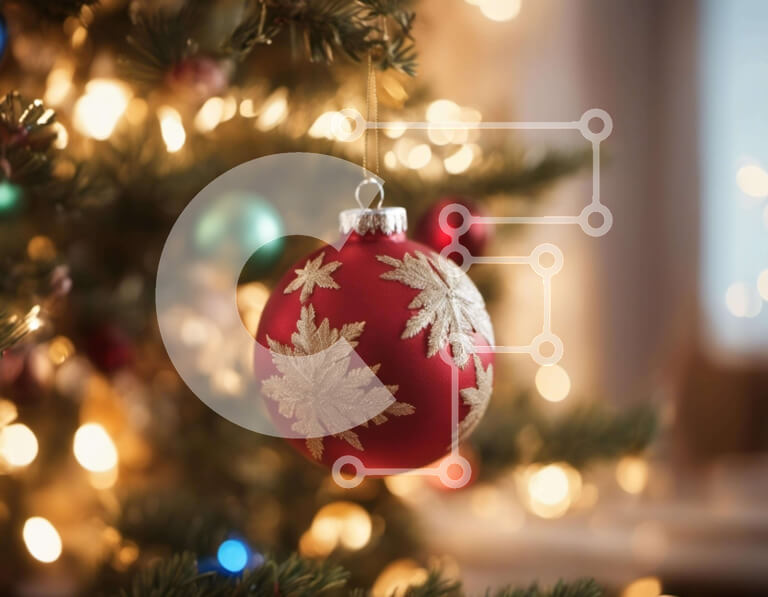 Intra Συλλεκτικό Ξύλινο Παζλ Plywood  4mm - Κόκκινη μπάλα στολίδι που κρέμεται από το χριστουγεννιάτικο δέντρο με πολύχρωμα φώτα και διακοσμητικά Σε Ξύλινο Κουτί - Διαστάσεις: 10x10 cm – 25 κομμάτια