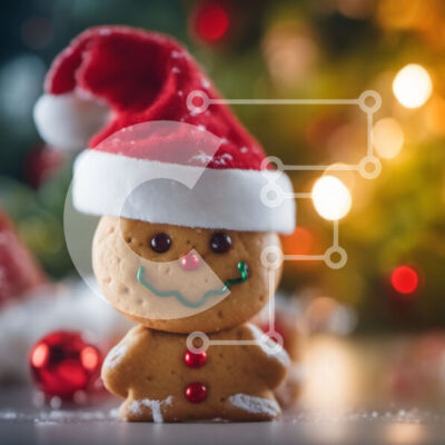 Intra Συλλεκτικό Ξύλινο Παζλ Plywood 4mm - Μελόψωμο με καπέλο Άγιου Βασίλη μπροστά από τις χριστουγεννιάτικες διακοσμήσεις Σε Ξύλινο Κουτί - Διαστάσεις: 10x10 cm – 25 κομμάτια - Image 1