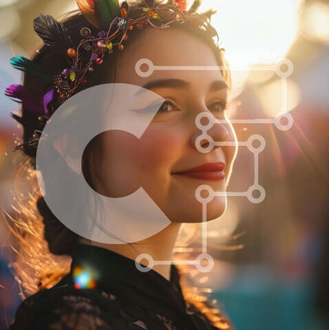 Intra Συλλεκτικό Ξύλινο Παζλ Plywood  4mm - Γυναίκα που φορά πολύχρωμο φτερό στέμμα χαμογελώντας στην κάμερα Σε Ξύλινο Κουτί - Διαστάσεις Puzzle: 10x10 cm – 25 κομμάτια - Image 1