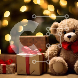 Intra Συλλεκτικό Ξύλινο Παζλ Plywood  4mm - Αρκουδάκι και κουτιά δώρων με φόντο το χριστουγεννιάτικο δέντρο Σε Ξύλινο Κουτί - Διαστάσεις: 10x10 cm – 25 κομμάτια