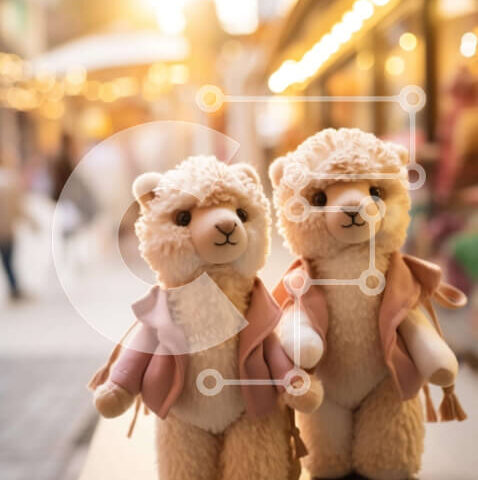 Intra Συλλεκτικό Ξύλινο Παζλ Plywood  4mm - Δύο αρκουδάκια με ροζ μπουφάν σε μια υπαίθρια αγορά Σε Ξύλινο Κουτί - Διαστάσεις Puzzle: 10x10 cm – 25 κομμάτια - Image 1