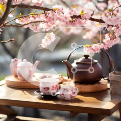 Intra Συλλεκτικό Ξύλινο Παζλ Plywood 4mm - Ξύλινο τραπέζι με τσαγιέρα, φλιτζάνια και πιατάκια και ροζ ανθισμένο δέντρο στο βάθος Σε Ξύλινο Κουτί - Διαστάσεις: 10x10 cm – 25 κομμάτια - Image 1