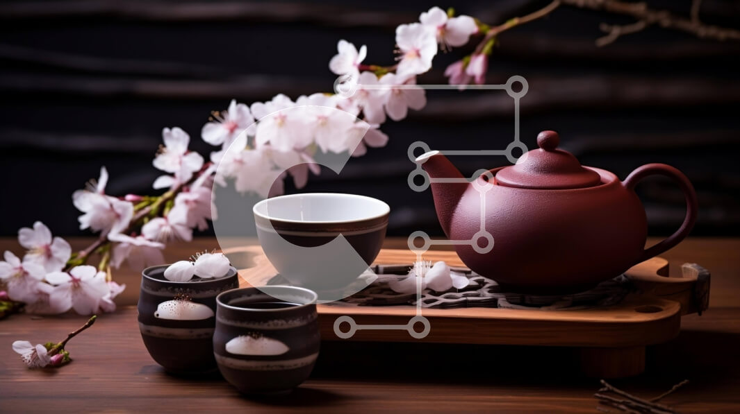 Intra Συλλεκτικό Ξύλινο Παζλ Plywood  4mm - Σετ τσαγιού με άνθη κερασιάς στο φόντο Σε Ξύλινο Κουτί - Διαστάσεις Puzzle: 10x10 cm – 25 κομμάτια