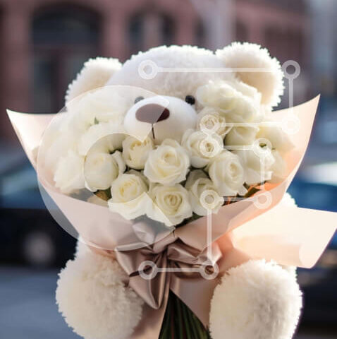 Intra Συλλεκτικό Ξύλινο Παζλ Plywood  4mm - Λευκό αρκουδάκι με λευκά τριαντάφυλλα Σε Ξύλινο Κουτί - Διαστάσεις Puzzle: 10x10 cm – 25 κομμάτια - Image 1