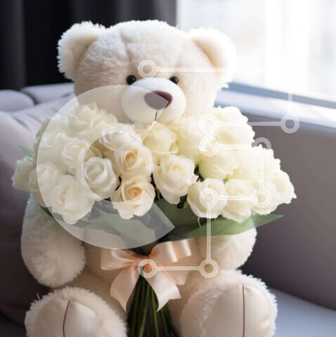 Intra Συλλεκτικό Ξύλινο Παζλ Plywood 4mm - Λευκό αρκουδάκι με τριαντάφυλλα Σε Ξύλινο Κουτί - Διαστάσεις Puzzle: 10x10 cm – 25 κομμάτια - Image 1