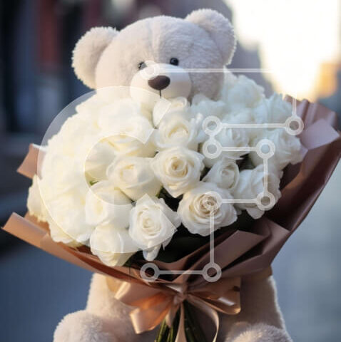 Intra Συλλεκτικό Ξύλινο Παζλ Plywood  4mm - Λευκό αρκουδάκι με λευκό τριαντάφυλλο μπουκέτο Σε Ξύλινο Κουτί - Διαστάσεις Puzzle: 10x10 cm – 25 κομμάτια - Image 1