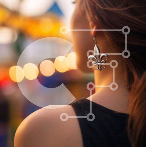 Intra Συλλεκτικό Ξύλινο Παζλ Plywood  4mm - Γυναίκα που στέκεται μπροστά από το λούνα παρκ με floral σκουλαρίκια Σε Ξύλινο Κουτί - Διαστάσεις Puzzle: 10x10 cm – 25 κομμάτια - Image 1