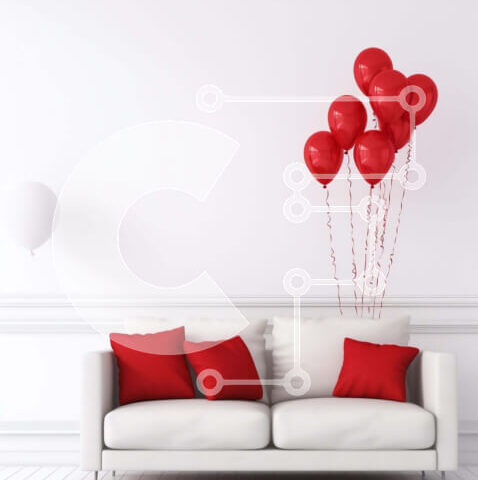 Intra Συλλεκτικό Ξύλινο Παζλ Plywood  4mm - Λευκός καναπές με κόκκινα μπαλόνια που κρέμονται από την οροφή Σε Ξύλινο Κουτί - Διαστάσεις Puzzle: 10x10 cm – 25 κομμάτια - Image 1