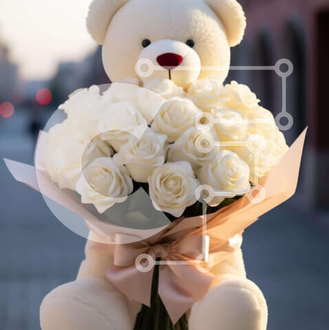 Intra Συλλεκτικό Ξύλινο Παζλ Plywood  4mm - Αξιολάτρευτο αρκουδάκι με λευκά τριαντάφυλλα Σε Ξύλινο Κουτί - Διαστάσεις Puzzle: 10x10 cm – 25 κομμάτια - Image 1