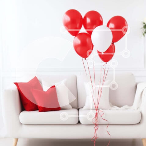 Intra Συλλεκτικό Ξύλινο Παζλ Plywood  4mm - Λευκός καναπές με κόκκινα και λευκά μπαλόνια Σε Ξύλινο Κουτί - Διαστάσεις Puzzle: 10x10 cm – 25 κομμάτια - Image 1
