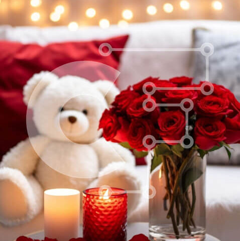 Intra Συλλεκτικό Ξύλινο Παζλ Plywood  4mm - Αρκουδάκι, κόκκινα τριαντάφυλλα και κεριά στο τραπεζάκι του καφέ Σε Ξύλινο Κουτί - Διαστάσεις Puzzle: 10x10 cm – 25 κομμάτια - Image 1