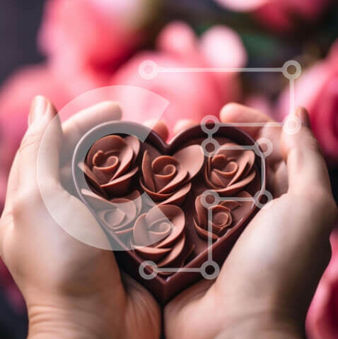 Intra Συλλεκτικό Ξύλινο Παζλ Plywood  4mm - Χέρια που κρατούν κουτί σοκολάτας σε σχήμα καρδιάς με τριαντάφυλλα Σε Ξύλινο Κουτί - Διαστάσεις Puzzle: 10x10 cm – 25 κομμάτια - Image 1