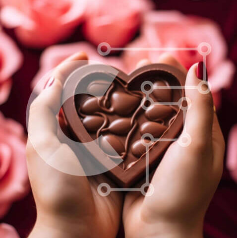 Intra Συλλεκτικό Ξύλινο Παζλ Plywood  4mm - Χέρια που κρατούν σοκολάτα σε σχήμα καρδιάς με ροζ τριαντάφυλλα Σε Ξύλινο Κουτί - Διαστάσεις Puzzle: 10x10 cm – 25 κομμάτια - Image 1