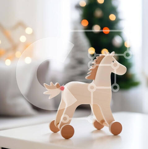 Intra Συλλεκτικό Ξύλινο Παζλ Plywood  4mm - Ξύλινο παιχνίδι άλογο μπροστά από το χριστουγεννιάτικο δέντρο Σε Ξύλινο Κουτί - Διαστάσεις: 10x10 cm – 25 κομμάτια - Image 1