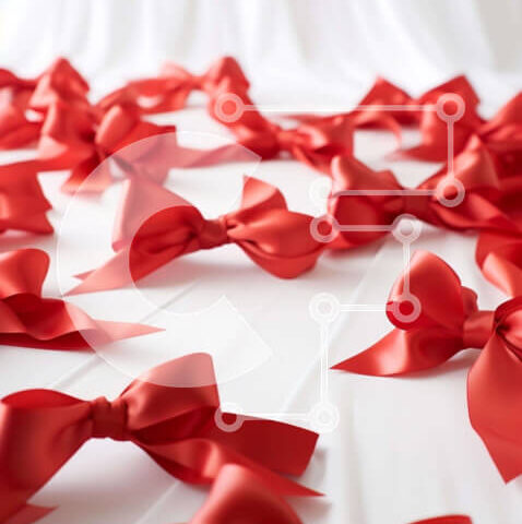 Intra Συλλεκτικό Ξύλινο Παζλ Plywood 4mm - Κόκκινοι φιόγκοι και κορδέλες σε ένα τραπέζι Σε Ξύλινο Κουτί - Διαστάσεις Puzzle: 10x10 cm – 25 κομμάτια - Image 1