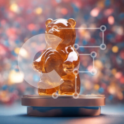 Intra Συλλεκτικό Ξύλινο Παζλ Plywood  4mm - Πολύχρωμο Gummy Bear σε διακοσμητικό βάθρο με κομφετί Σε Ξύλινο Κουτί - Διαστάσεις: 10x10 cm – 25 κομμάτια - Image 1