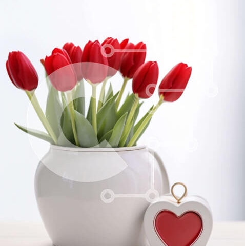 Intra Συλλεκτικό Ξύλινο Παζλ Plywood 4mm - Λευκό βάζο με κόκκινες τουλίπες και διακοσμητικό δοχείο καρδιών Σε Ξύλινο Κουτί - Διαστάσεις Puzzle: 10x10 cm – 25 κομμάτια - Image 1