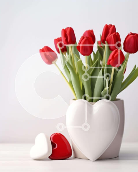 Intra Συλλεκτικό Ξύλινο Παζλ Plywood  4mm - Κόκκινες τουλίπες σε λευκό βάζο με διακοσμητικά καρδιά Σε Ξύλινο Κουτί - Διαστάσεις Puzzle: 10x10 cm – 25 κομμάτια