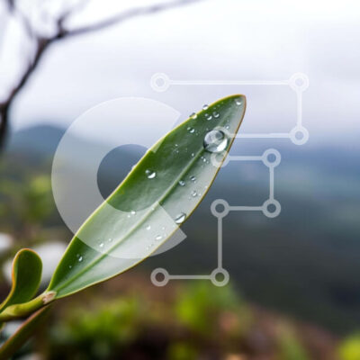 Intra Συλλεκτικό Ξύλινο Παζλ Plywood 4mm - Πράσινο φύλλο με σταγονίδια νερού σε φόντο βουνών Σε Ξύλινο Κουτί - Διαστάσεις: 10x10 cm – 25 κομμάτια - Image 1