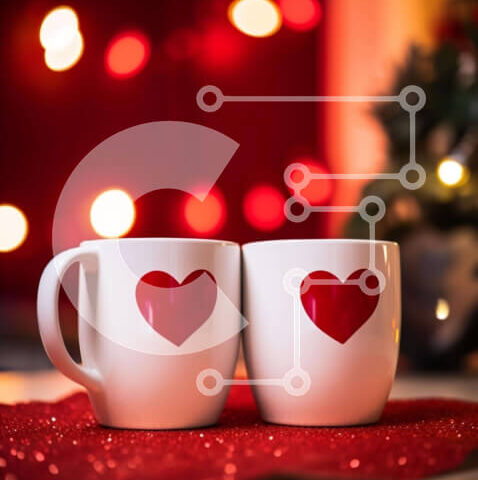 Intra Συλλεκτικό Ξύλινο Παζλ Plywood 4mm - Ρομαντικές λευκές κούπες καφέ με κόκκινες καρδιές σε κόκκινο τραπεζομάντιλο Σε Ξύλινο Κουτί - Διαστάσεις Puzzle: 10x10 cm – 25 κομμάτια - Image 1