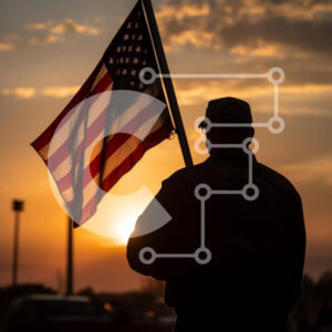 Intra Συλλεκτικό Ξύλινο Παζλ Plywood  4mm - Άνθρωπος σκιαγραφημένος στο ηλιοβασίλεμα με αμερικανική σημαία Σε Ξύλινο Κουτί - Διαστάσεις Puzzle: 10x10 cm – 25 κομμάτια