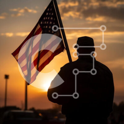 Intra Συλλεκτικό Ξύλινο Παζλ Plywood  4mm - Άνθρωπος σκιαγραφημένος στο ηλιοβασίλεμα με αμερικανική σημαία Σε Ξύλινο Κουτί - Διαστάσεις Puzzle: 10x10 cm – 25 κομμάτια - Image 1