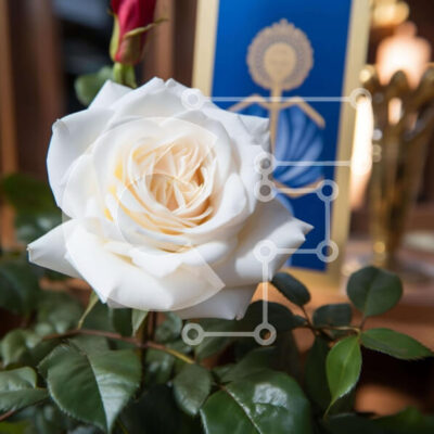 Intra Συλλεκτικό Ξύλινο Παζλ Plywood  4mm - Λευκό τριαντάφυλλο σε φλοράλ σύνθεση με χρυσό σταυρό στο επάνω μέρος Σε Ξύλινο Κουτί - Διαστάσεις Puzzle: 10x10 cm – 25 κομμάτια - Image 1