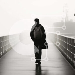 Intra Συλλεκτικό Ξύλινο Παζλ Plywood  4mm - Άνδρας που περπατά στο Boardwalk με το σακίδιο πλάτης Σε Ξύλινο Κουτί - Διαστάσεις Puzzle: 10x10 cm – 25 κομμάτια