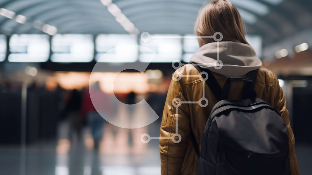 Intra Συλλεκτικό Ξύλινο Παζλ Plywood  4mm - Γυναίκα με σακίδιο που περπατά μέσω του τερματικού σταθμού αεροδρομίου Σε Ξύλινο Κουτί - Διαστάσεις Puzzle: 10x10 cm – 25 κομμάτια