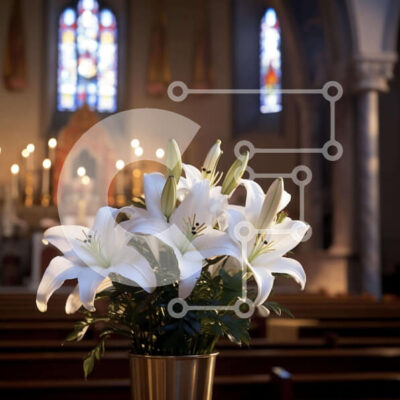 Intra Συλλεκτικό Ξύλινο Παζλ Plywood  4mm - Λευκοί κρίνοι στα στασίδια της εκκλησίας Σε Ξύλινο Κουτί - Διαστάσεις Puzzle: 10x10 cm – 25 κομμάτια - Image 1