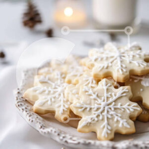 Intra Συλλεκτικό Ξύλινο Παζλ Plywood  4mm - Μπισκότα σε σχήμα νιφάδας χιονιού σε λευκό πιάτο με κεριά και κουκουνάρια Σε Ξύλινο Κουτί - Διαστάσεις: 10x10 cm – 25 κομμάτια