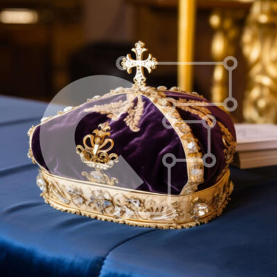 Intra Συλλεκτικό Ξύλινο Παζλ Plywood  4mm - Μωβ και χρυσό στέμμα σε κομψό μπλε τραπέζι Σε Ξύλινο Κουτί - Διαστάσεις Puzzle: 10x10 cm – 25 κομμάτια - Image 1