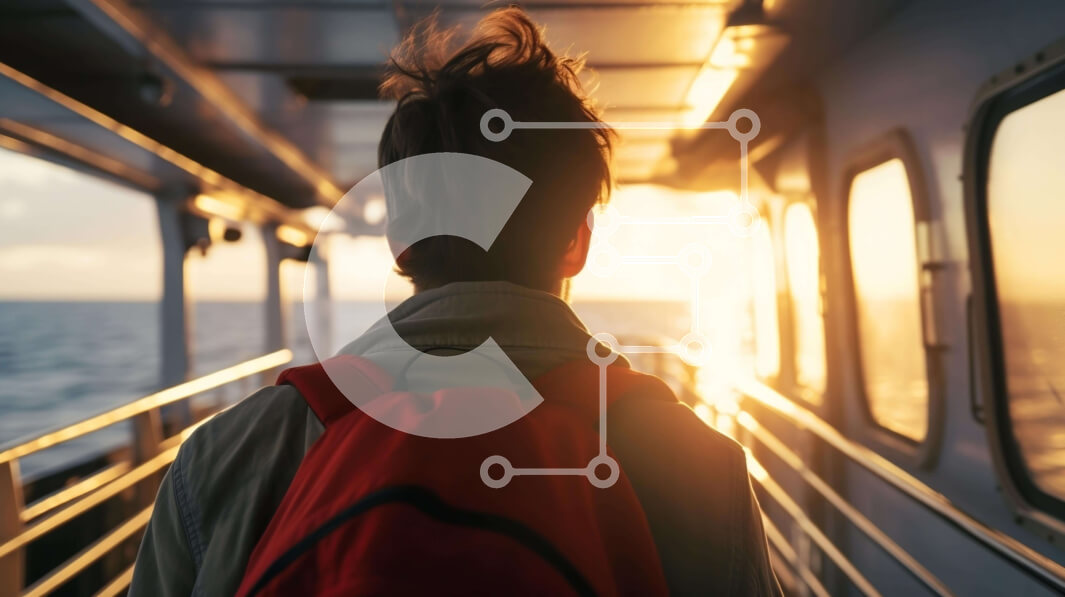 Intra Συλλεκτικό Ξύλινο Παζλ Plywood  4mm - Άτομο που περπατά στο κατάστρωμα του ωκεανού κρουαζιερόπλοιου Σε Ξύλινο Κουτί - Διαστάσεις Puzzle: 10x10 cm – 25 κομμάτια